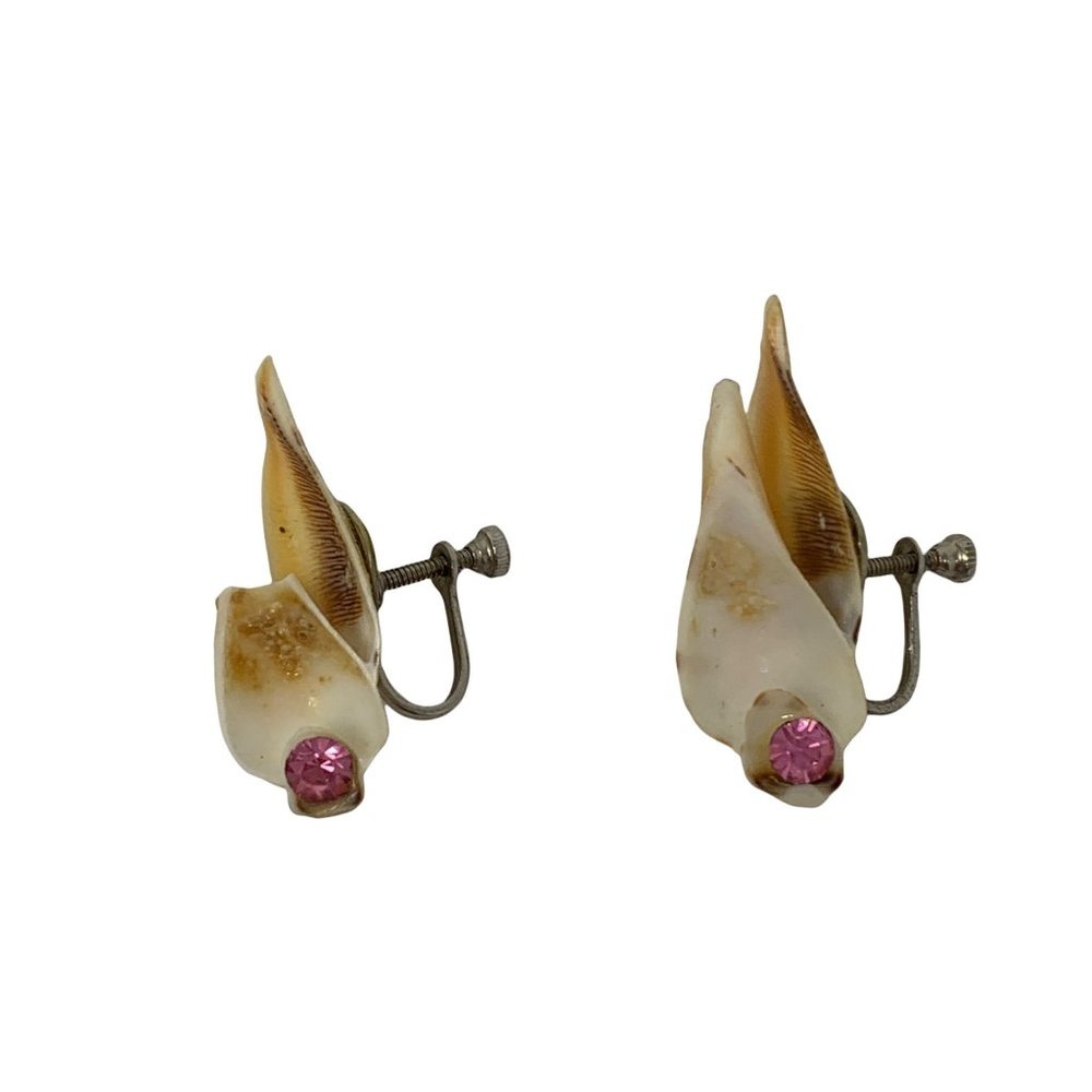 Vintage Brown Shell with Pink Rhinestones Earrings Screw Backs
